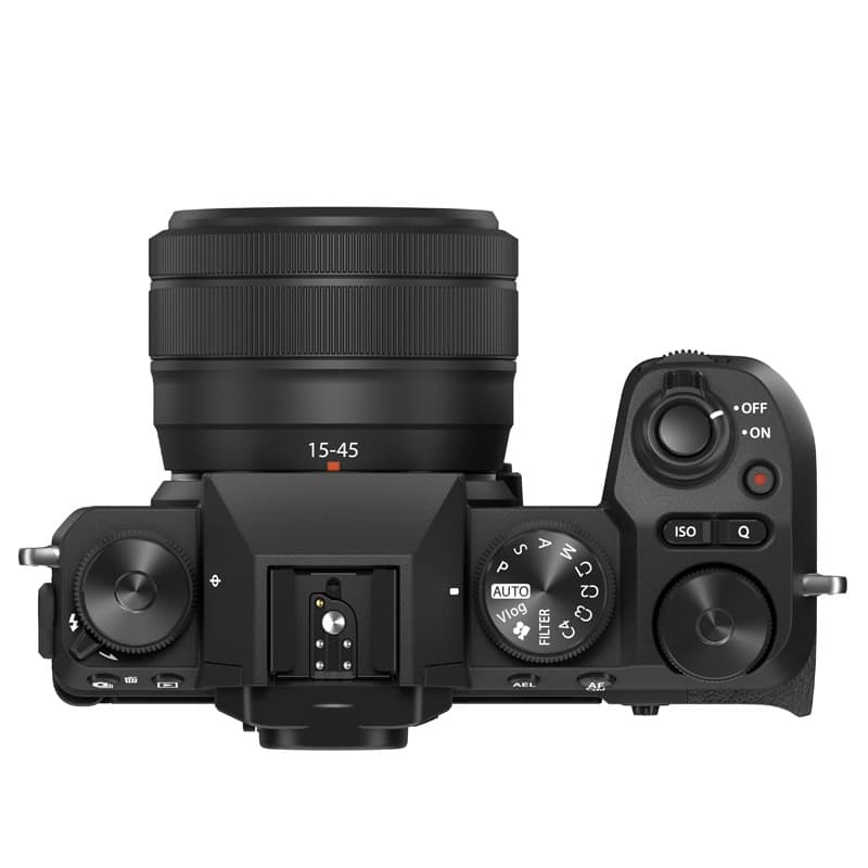 Oberansicht der Fujifilm X-S20 Kamera mit 15-45mm Objektiv.
