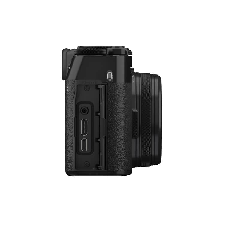 Fujifilm X100VI schwarze Kamera seitlich Ansicht.