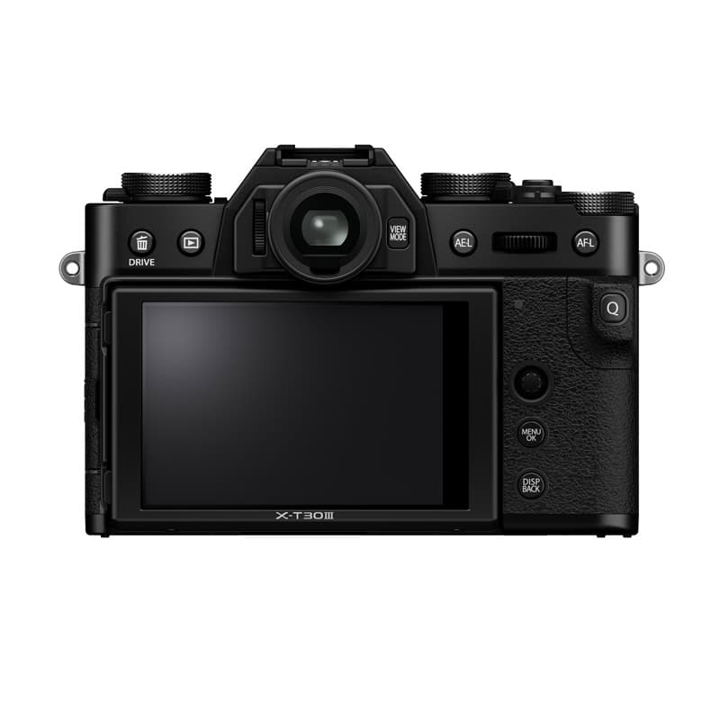 Fujifilm X-T30 III Gehäuse schwarz, Rückseite mit LCD-Display und Bedienelementen.